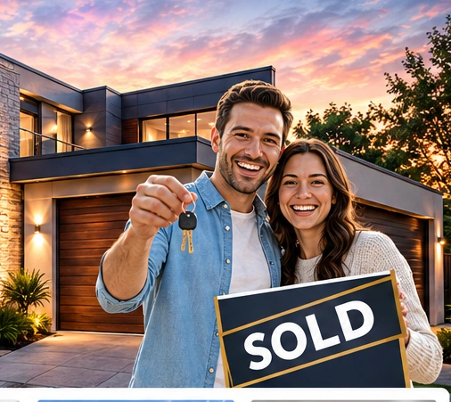 Happy couple celebrating the purchase of their new home with keys and a sold sign